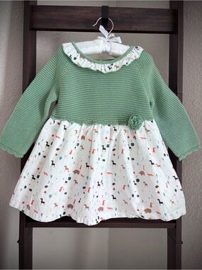 Caramel Green Knit Bodice Dress with Woodland Print Skirt